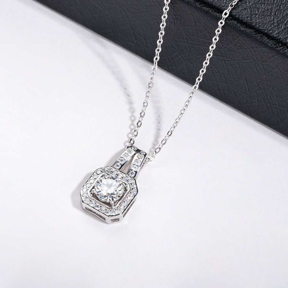Certified 2ct. t.w. Moissanite Diamond Square Halo Pendant Necklace NEW - Picture 9 of 15